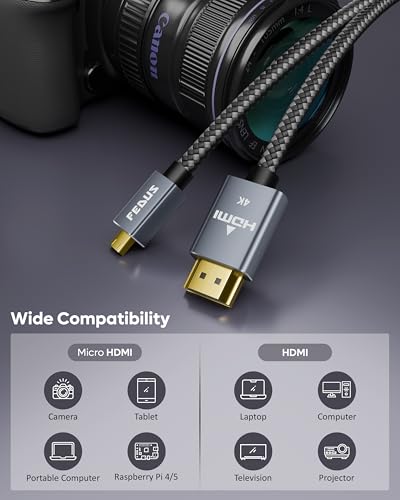 Image of FEDUS 4K Micro HDMI to HDMI Cable 1.5 Meter, Micro HDMI 2.0 Adapter [4K@60Hz, 2K@144Hz 120Hz] 4K 18Gbps HDR, Compatible for Samsung G8, G9, Camera, Rasp Berry Pi 5 4, go pro Hero, Cam Link