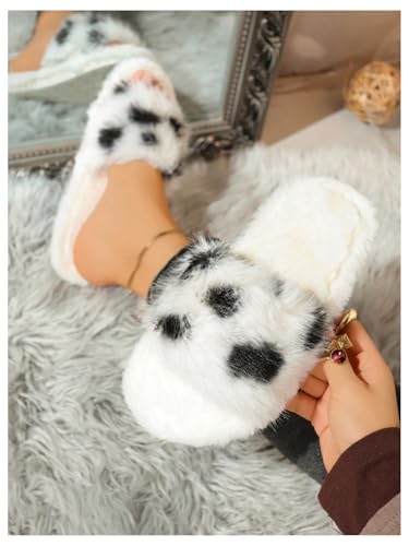 MakeMeChic Women's Cute Cow Print Faux Fur Home Slippers Open Toe Fuzzy Indoor Shoes3