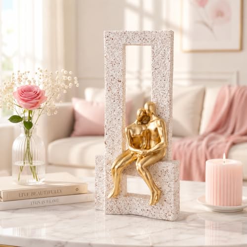 Image of Amazon Basics Graceful Abstract Couple Figurine for Home & Office Decor | Modern Romantic Sculpture Showpiece for Living Room, Shelf, Study Table & Bedroom Styling (Gold & Beige, 19 cm)