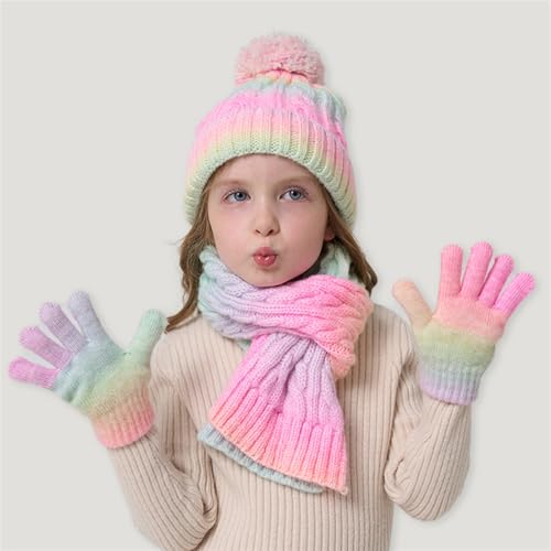 SK Studio Kids Winter Hat Gloves Scarf Set, Girls Toddler Beanie with Pom Knit Neck Warmer Gloves Fleece Lined Set3