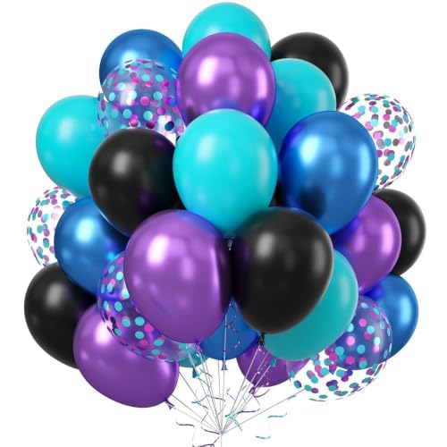 Image of Black Purple Blue Balloons 60 Pcs 12 Inch Metallic Blue Purple Teal Confetti Balloons for Space Birthday Party Galaxy Party Decorations and Teal and Blue Birthday Decorations