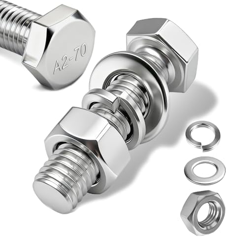 PDKKFF 12 Stück Sechskantschrauben M10x16mm, Edelstahl Schrauben A2 V2A | DIN 933 Sechskantkopfschrauben, M10 Maschinenschrauben mit Mutter Unterlegscheiben und Federringe für Möbe