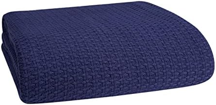 BELIZZI HOME 100% Cotton Bed Blanket, Breathable Bed Blanket Full Queen Size, Cotton Thermal Blankets Full Queen, Perfect for Layering Any Bed for All Season, Navy Blue