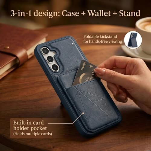 Image of amazon basics Premium Vegan Leather Back Cover with Card Holder and Integrated Mobile Stand for Samsung Galaxy S23 5G - Slim Shockproof Wallet Case with Geometric Stitching [Blue]