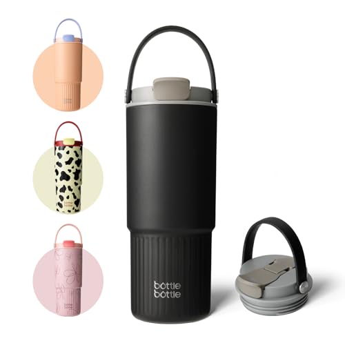 Isolierte Wasserflasche mit Strohhalm und Griff, Edelstahl-Wasserflaschen für Auto, Sport, Zuhause, Büro und Schule, 750 ml, auslaufsichere Flaschen (Ebenholz) 1