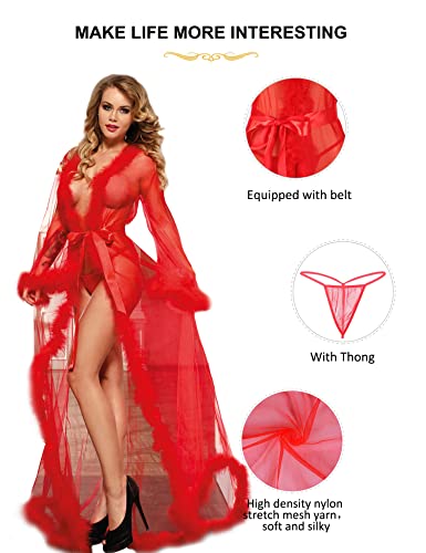 Feather Robes For Women Lingerie Long Sheer Gown See Through Kimono Robe Nightgown Red #TOP4