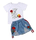 Toddler Baby Girls Smell The Rose T shirtTops + Denim Skirts Clothing Outfit Set (1-2Years, White)