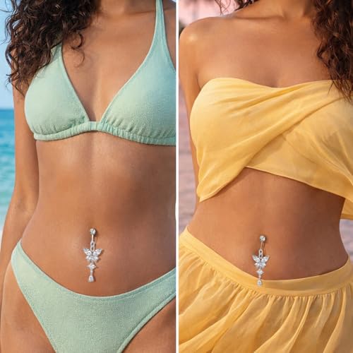 HANNEA® 5Pcs Silver Fake Belly Button Rings Set for Women, Non-Piercing Clip On Navel Rings, Faux Belly Piercing Jewelry, Stylish Body Accessories for Girls