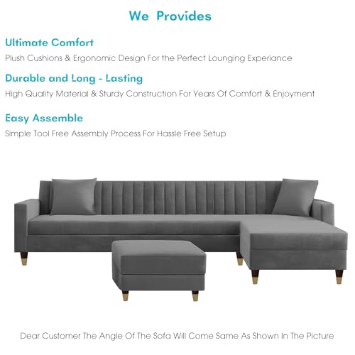 Image of Casaliving Garcia RHS 8 Seater L Shape Sofa Set with Ottoman & 2 Puffy for Living Room (Dark Grey) Premium Fabric Sofa Set