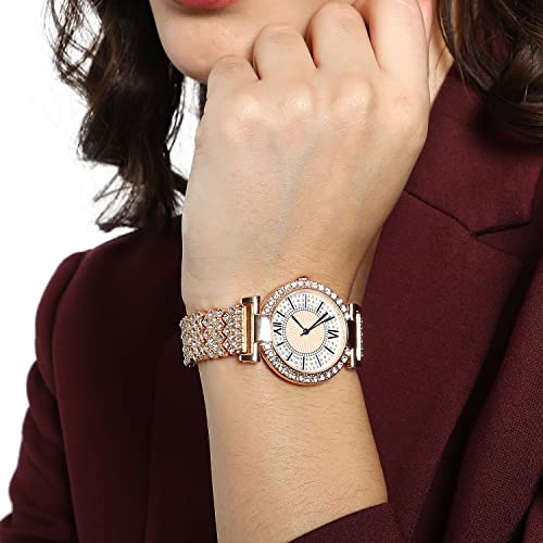 Image of Haute Sauce Women's Embellished Analog Dial with Stainless Steel Strap | Battery Power | Foldover Closure | Quartz Movement | Fashion Wrist Belt Watch for Female and Girls