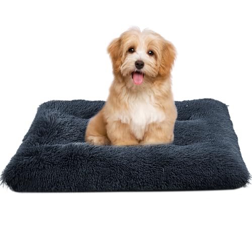 OKPOW Medium Dog Bed Mattress: 75x52cm Washable Dog Crate Mat Cushion Calming Pet Bedding - Fluffy Anti Anxiety Puppy Beds with Anti-Slip Bottom Grey