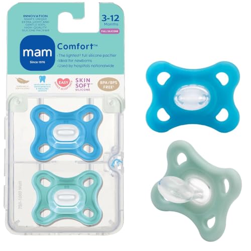 Image of MAM Comfort Baby Pacifier 3-12 Mths Lightweight One-Piece Silicone 2 Pack | One Piece Silicon With Color Free Nipple, BPA-Free, Easy To Clean, Best For Breastfed Babies, Sterilizer Case, Made In Europe