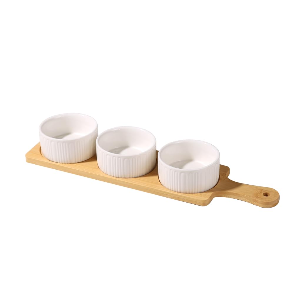 Tanggaogao 3 Piece Ceramic Dip Bowl Set with Bamboo Tray - 8.8cm White Ribbed Snack & Appetiser Dishes - Serving Bowls for Sauces, Nuts, Tapas, Dips - Dishwasher Safe Gift Set for Entertaining