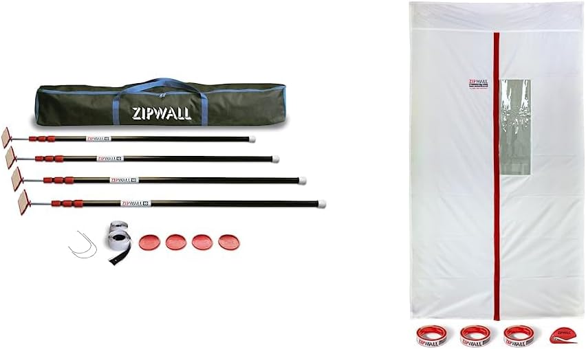 ZIPWALL ZP4 ZipPole 10 Foot Spring Barrier (Pack of 4) Loaded Poles for Dust Barriers, 4 Pack, Black & ZipDoor ZDM Magnetic Door Kit, 1 Pack, White