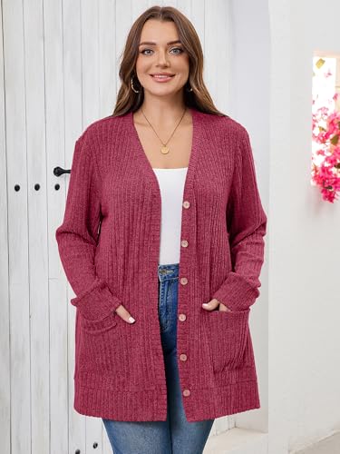 AusLook Plus Size Women Long Sleeve Cardigan 1X Jujube Red Open Front Button Down Lightweight Casual Sweater Cover Ups Shrugs Shawls and Wraps Kimono Jacket Coat with Pockets — view 6