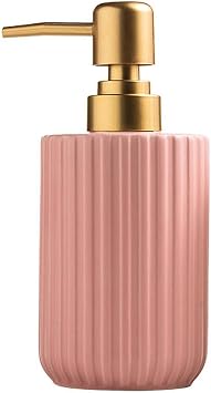 Chic Cylinder-Shaped Soap Dispenser, Vertical Stripe Design with Gold Pump, Ceramic Lotion DispenserPink