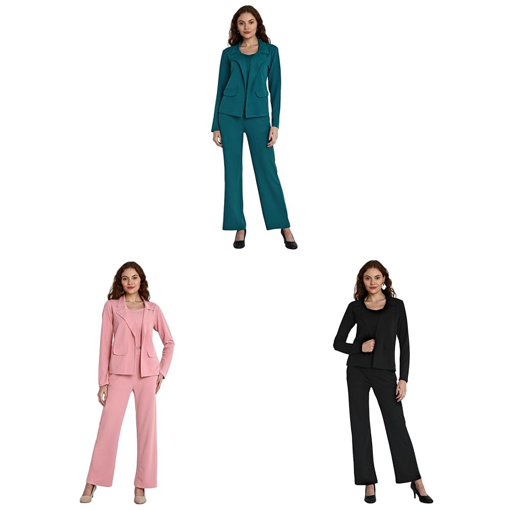 leriya fashion 3-Piece Blazer Set for Women (3XL, Turquoise, Black, Pink) - Women's Suit Co-Ord Set - Regular Fit - Long Sleeve - Lycra - Office Wear & Casual - Adult Women-picture-18