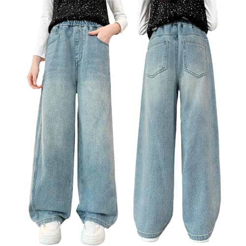 Tween Girls Wide Leg Jeans-Elastic Waistband Baggy Denim Pants with Pocket, Streetwear Long Pants for Girls