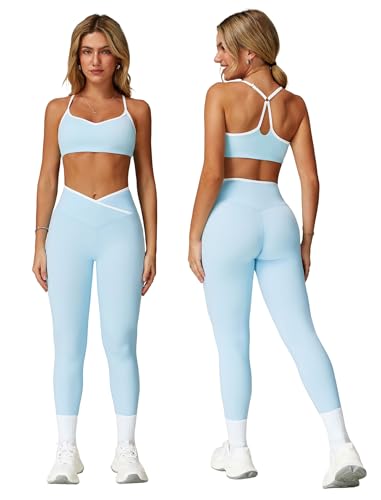 ABOCIW Two Piece Workout Sets for Women Color Block Strappy Sports Bra High Waist Leggings 2 Piece Gym Set Yoga Active Wear Pilates Outfits Work Out Clothes Ice Blue Small