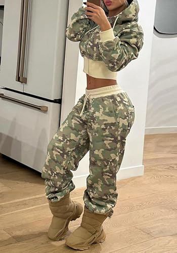 LETSVDO Women's 2 Piece Outfits Sweatsuit Camo Zip Up Crop Hoodie Sweatshirt Y2k Wide Leg Camouflage Sweatpants Set2
