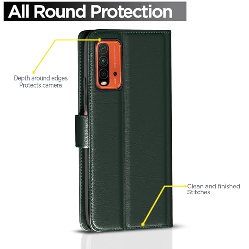 Image of Pikkme Flip Cover for Redmi 9 Power /Poco M3 Leather Finish | Inside TPU with Card Pockets | Wallet Stand and Shock Proof | Complete Protection Flip Case(Green)