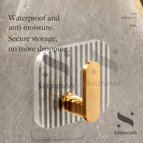 Image of Satpurush Luxury Acrylic Self-Adhesive Wall Hooks | Heavy Duty Bathroom & Kitchen Hook | No Drill Waterproof Wall Hanger for Towels, Robes, Keys & Accessories. (Gold, Pack of 4).