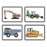 Boys Truck Tractor Art Print Construction Wall Art Colorful Cartoon Construction Car Canvas Print Bo