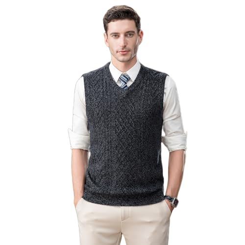 Men’s Cable Knit Sweater Vest 100% Wool V-Neck Sleeveless Knitted Pullover for Fall Winter