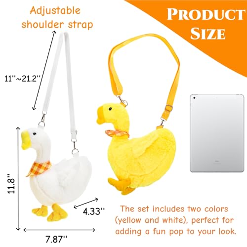 2 Pack Cute Goose Crossbody Bag, Soft Plush Fluffy Animal Shoulder Bag Handbag with Zipper Adjustable Strap, Funny Novelty Fur Duck Tote Purse for Women, Gift2
