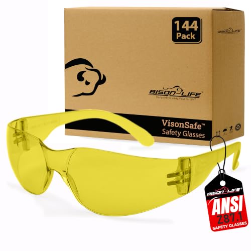 Image of BISON LIFE Yellow Safety Glasses for Men & Women, Bulk ANSI Z87.1, 144 Pack | Scratch & Impact Resistant Wraparound Safety Goggles, UV Protection Eyewear for Work, Construction, Lab, Industrial