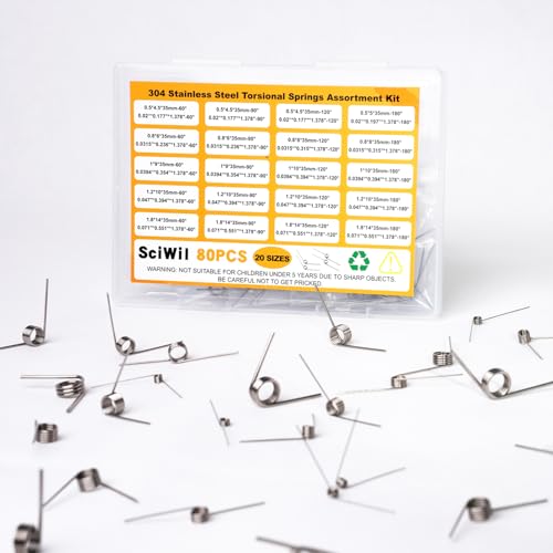 80PCS Torsion Spring Assortment Kit, 20 Sizes 60/90/120/180 Degree Small Torsional Springs Set, Stainless Steel Rust-Resistant Mechanical Tiny Springs for Crafting and DIY Repair Project
