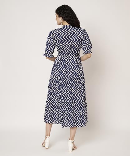 Image of PIDAVLIYA'S Women's Cotton Floral Printed Midi Dress | V-Neck Fit & Flare Dress with Puff Sleeves | Casual Summer Wear