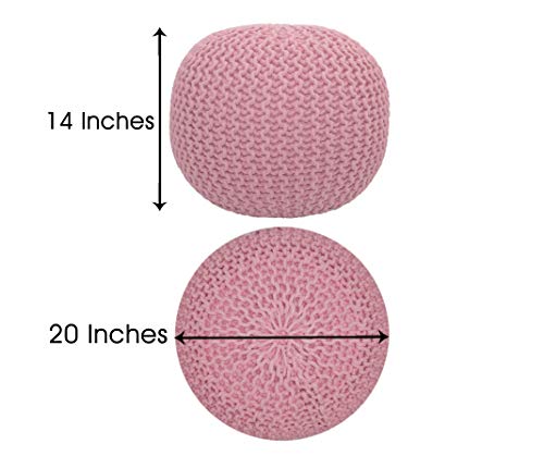 Cotton Craft Round Pouf Ottoman - Hand Knitted Cotton Braid Cord Cable Dori Floor Pouf - Footrest Accent Furniture Chair Seat Bean Bag - Living Room Bedroom Kids Room Nursery Dorm Décor -20 X 14- Pink #TOP2