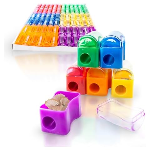 Fun Central 72 Bulk Pack Plastic Manual Pencil Sharpeners with Caps Cover