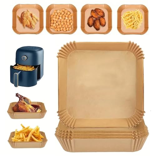 SANHIGHEND Confezione da 100 fogli di carta da forno per friggitrici ad aria calda, per friggitrice ad aria calda, per aria condizionata, forno, microonde, vapore (quadrato, 16 cm x 4,5 cm)