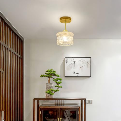 Lámpara de techo cilíndrica de vidrio y base madera para pasillos 7