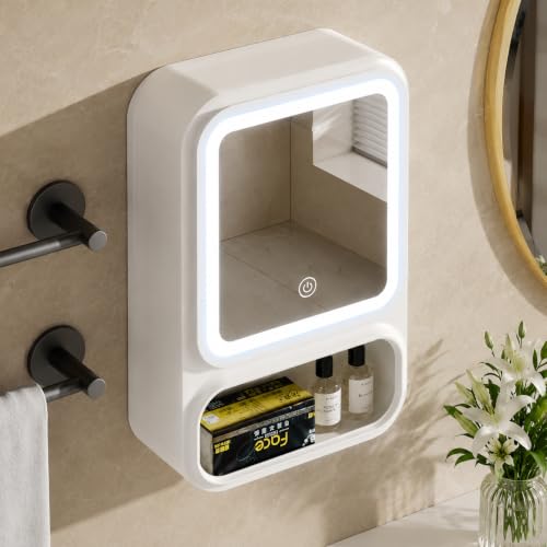 Image of HOME CUBE Wall Mounted Storage Cabinet with LED Mirror, Bathroom Cabinet Storage, Adhesive Bathroom Organizer, Tissue Holder, Cosmetic Organizer, Space Saving, No Drilling Required
