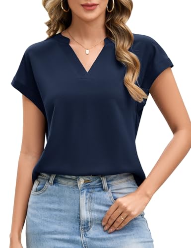 UMIPUBO Donna Camicia Elegante Estiva Camicie Scollo V Bluse Taglie Forti Casual Base Colore Puro Classica Maglie Larghe Magliette Donna Manica Corta (Ciano Navy, S)