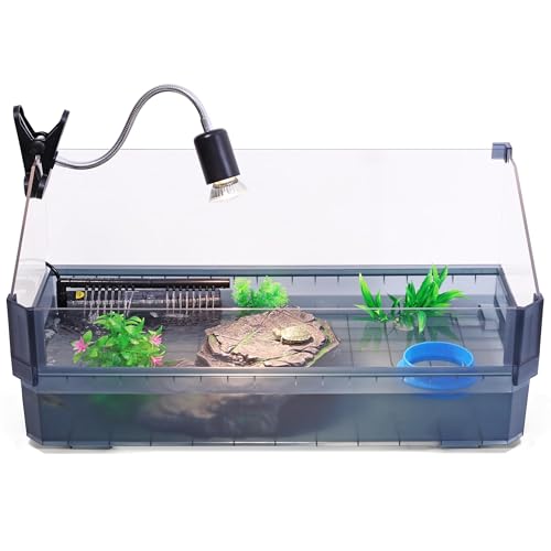 Large Turtle Tank Kit for Aquatic Turtles – Complete Starter Habitat with Filter, UVB Lamp, Basking Platform, Plants, Feeding Ring – Turtle Aquarium Kit (Black)