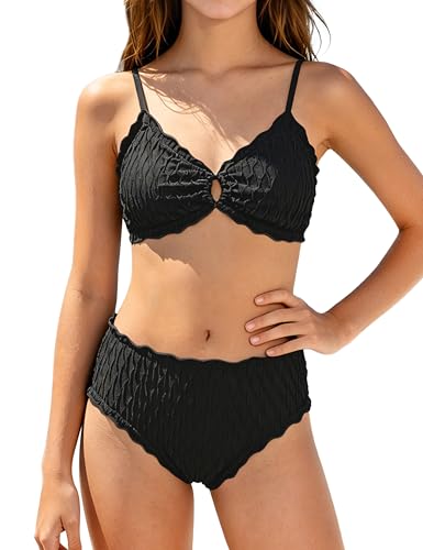 Image of Girls Swimsuit Double Strap High Waist Sporty Bikini Swimsuits Swim Cover Up Skirt 3 Piece Set