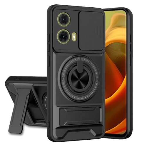 Image of Moto G85 5G Back Cover | Armor Camera Slider 360 Degree Rotating Finger Ring Holder Case with Bracket Stand Back Case Cover (Compatible with MagSafe Accessories) (Black)