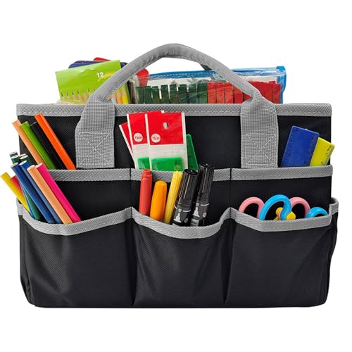 Large Craft Tote Bag Oxford Fabric Art Storage Caddy with Pockets Foldable Gardening Tool Bag Artist School Teacher Stationery Organizer Bag for Drawing Book Notebook Paint Brushes(Black)
