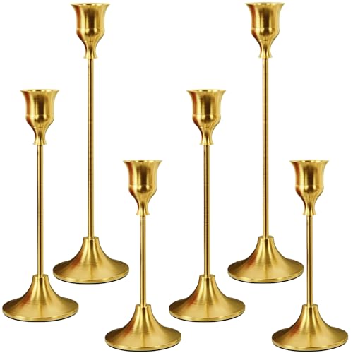 2 Sets(6 Pcs) Gold Taper Candle Holders, Metal Candlestick Holders for Standard Taper Candles, Modern Vintage Table Centerpiece Decor for Wedding, Christmas, Halloween, Dining Table & Mantel