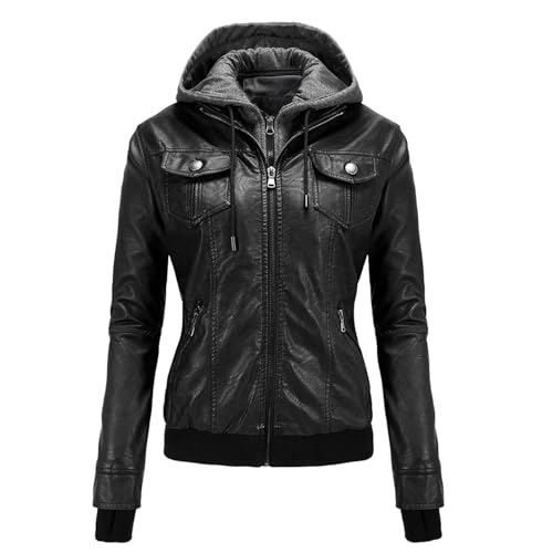 Lederjacke Damen, Lederjacke Damen Kunstleder Jacke Damen Lederjacke Mit Kapuzen Große Größen Kapuzenjacke Langarm Motorrad Jacke Winterjacke Slim Fit Hoodie Mantel Streetwear Mit Reißverschluss Tasch