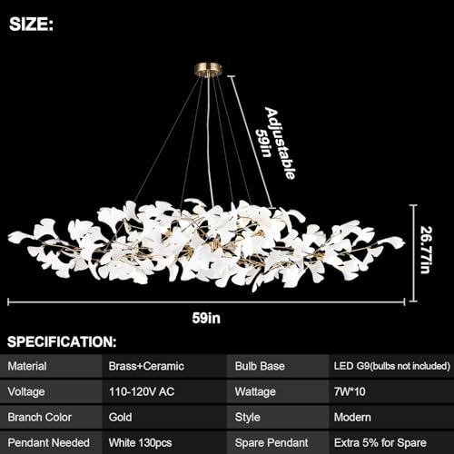 Image of 59 Inch Modern Rectangle Chandelier Ceramic Ginkgo Leaf Chandeliers Large Brass Chandeliers White Chandelier for Dining Room Living Room,10-Light