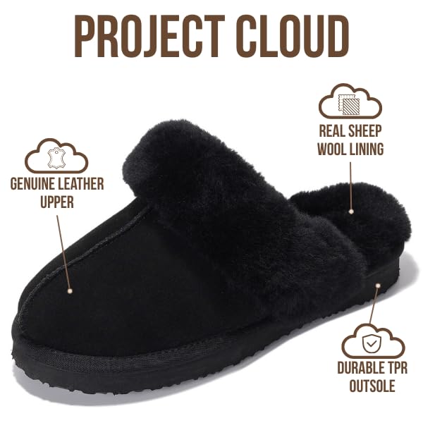 Project Cloud Genuine Leather Slippers for Women Footwear with Real Sheep Wool Lining Womens Clogs & Mule - Non-Slip Indoor/Outdoor Scuff Womens Slippers with Memory Foam Insole (Henka)