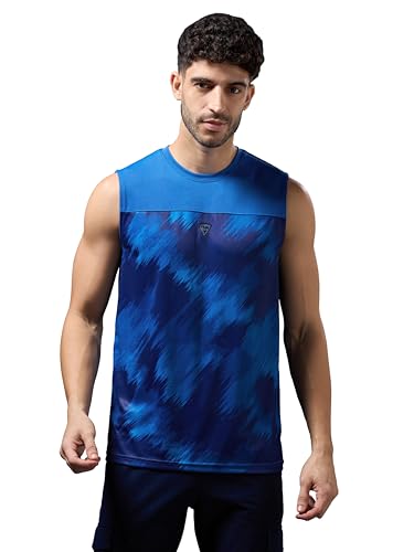 Image of TECHNOSPORT Men Polyester Slim Fit Crew Neck Printed Sleeveless Vest with Anti-Microbial, Odour Free for Gym, Workout and Sports