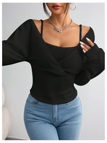 Women's 2 in 1 Sweater Y2k Cut Out Wrap V Neck Long Sleeve Pullover Tops4
