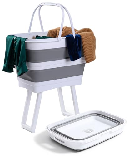 MEOWN 26 L Collapsible Laundry Basket with Foldable Stand, Portable Clothes Hamper with Handles and Freestanding Legs, Slim 8 cm Fold Space Saving Washing Basket for Bathroom and Laundry Room