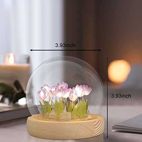 Fusehome Diy Purple Tulip Night Light 20 Flowers, Cute Flower Night Light Handmade Gifts Flower Bedroom Sleeping Lamp Glass Dome Flowers Decor Lamp For Women Birthday Anniversary Mother's Day #TOP5